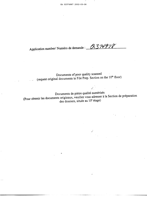 Document de brevet canadien 2374987. Dessins 20020308. Image 1 de 2