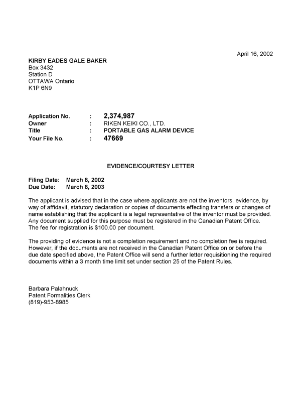 Document de brevet canadien 2374987. Correspondance 20020408. Image 1 de 1