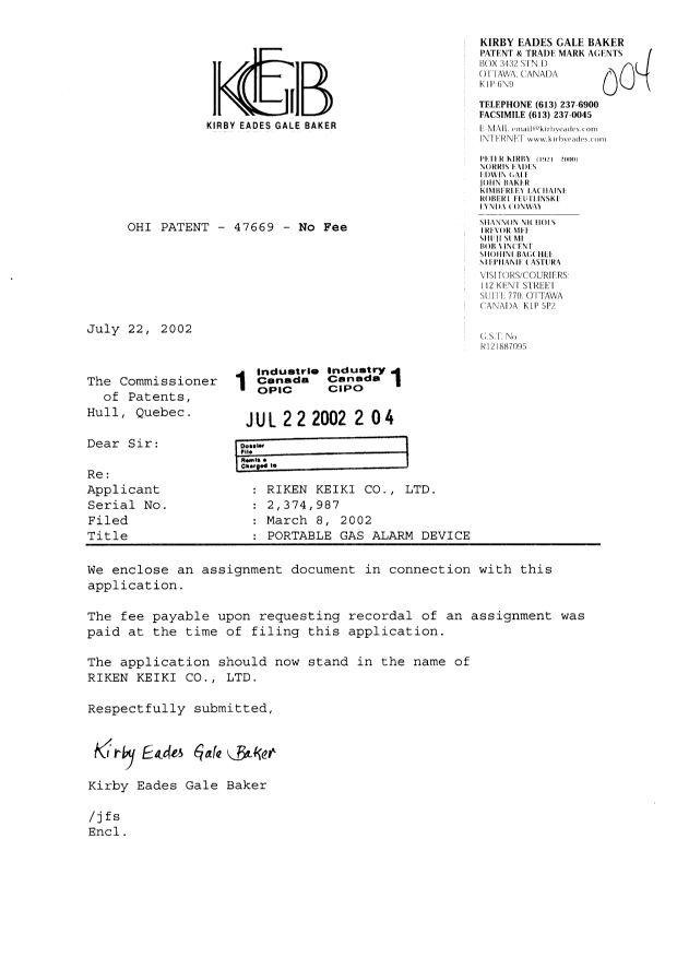 Document de brevet canadien 2374987. Cession 20020722. Image 1 de 2
