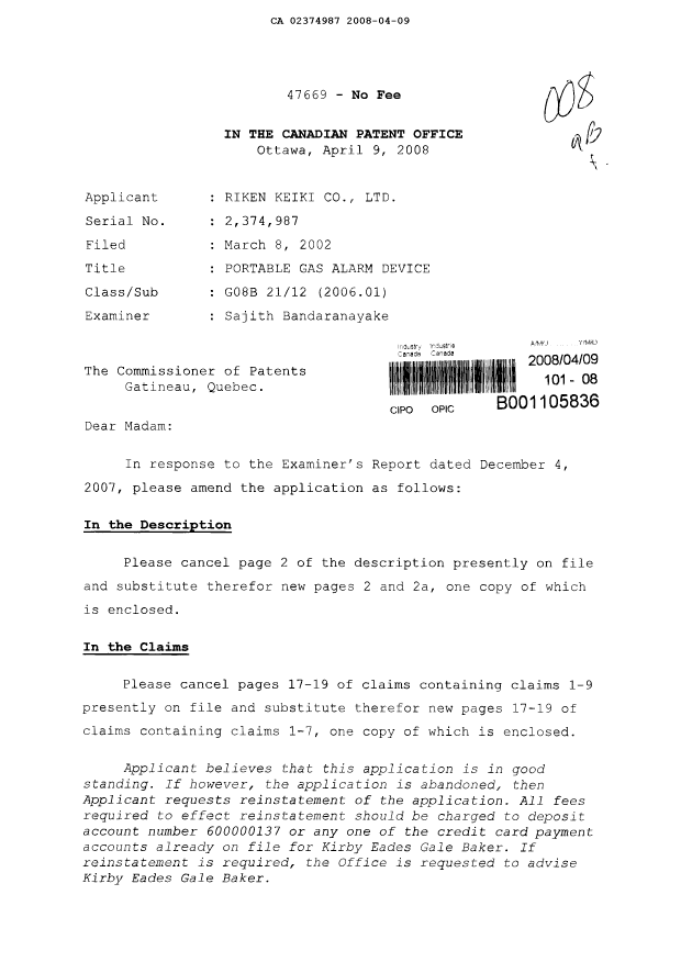 Document de brevet canadien 2374987. Poursuite-Amendment 20080409. Image 1 de 10