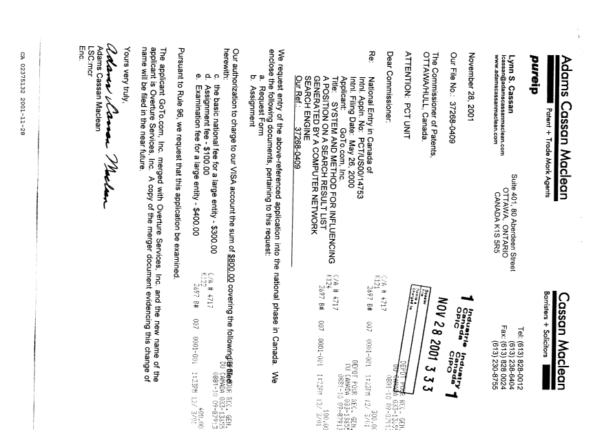 Document de brevet canadien 2375132. Cession 20011128. Image 1 de 12