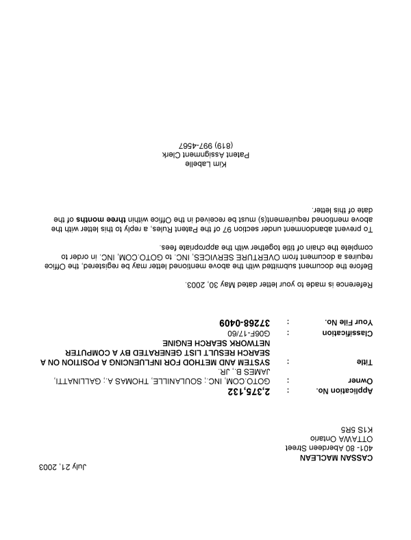 Canadian Patent Document 2375132. Correspondence 20021221. Image 1 of 1