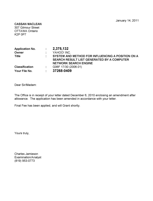 Document de brevet canadien 2375132. Correspondance 20110114. Image 1 de 1