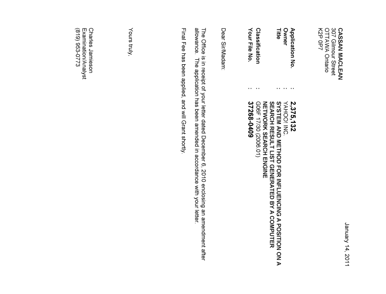 Document de brevet canadien 2375132. Correspondance 20110114. Image 1 de 1