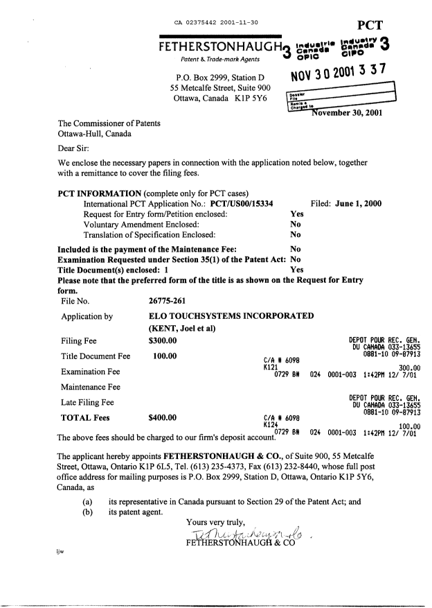 Document de brevet canadien 2375442. Cession 20011130. Image 1 de 7