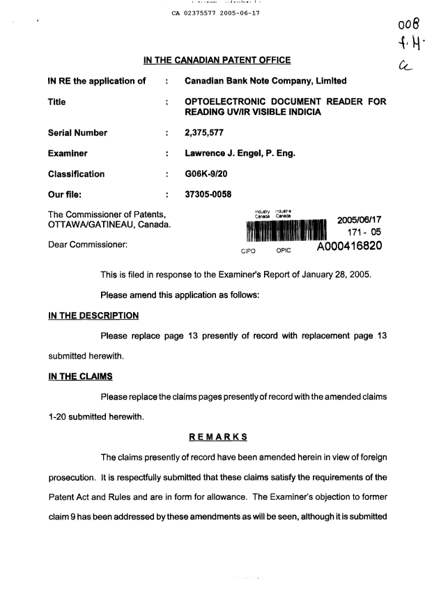 Canadian Patent Document 2375577. Prosecution-Amendment 20050617. Image 1 of 8
