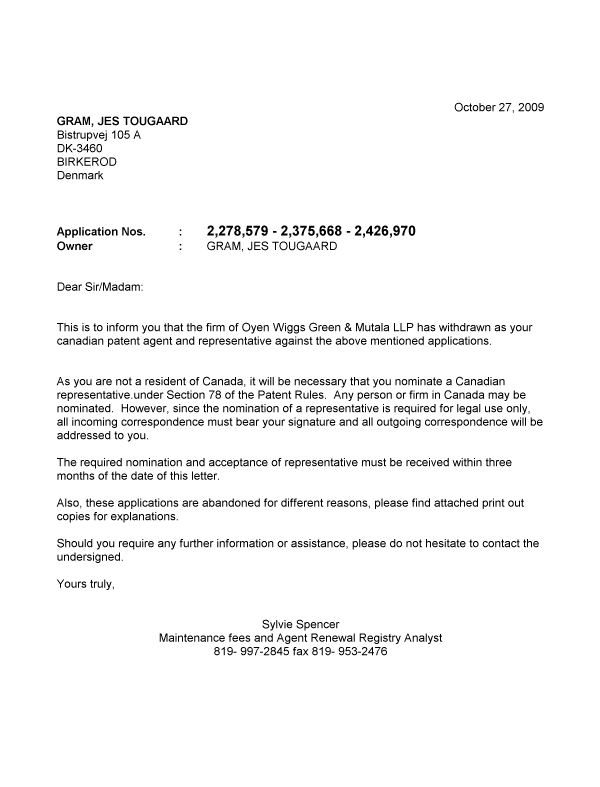 Document de brevet canadien 2375668. Correspondance 20091027. Image 1 de 1