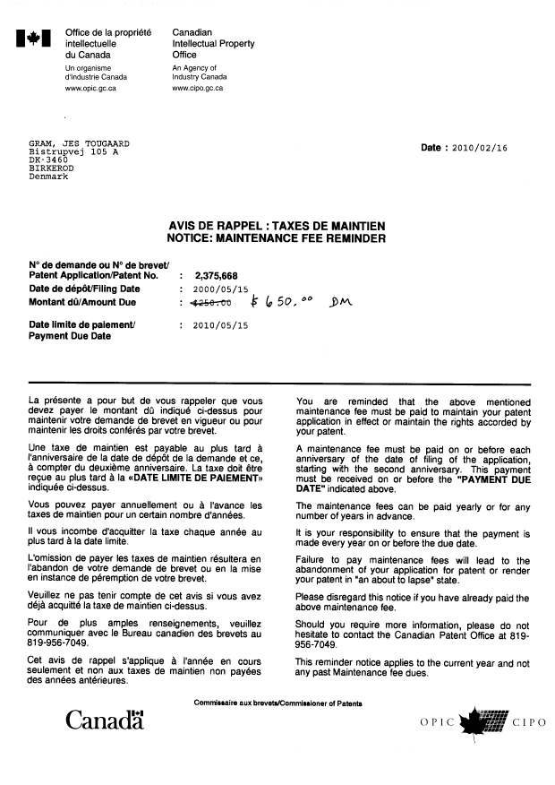 Document de brevet canadien 2375668. Correspondance 20100216. Image 1 de 3