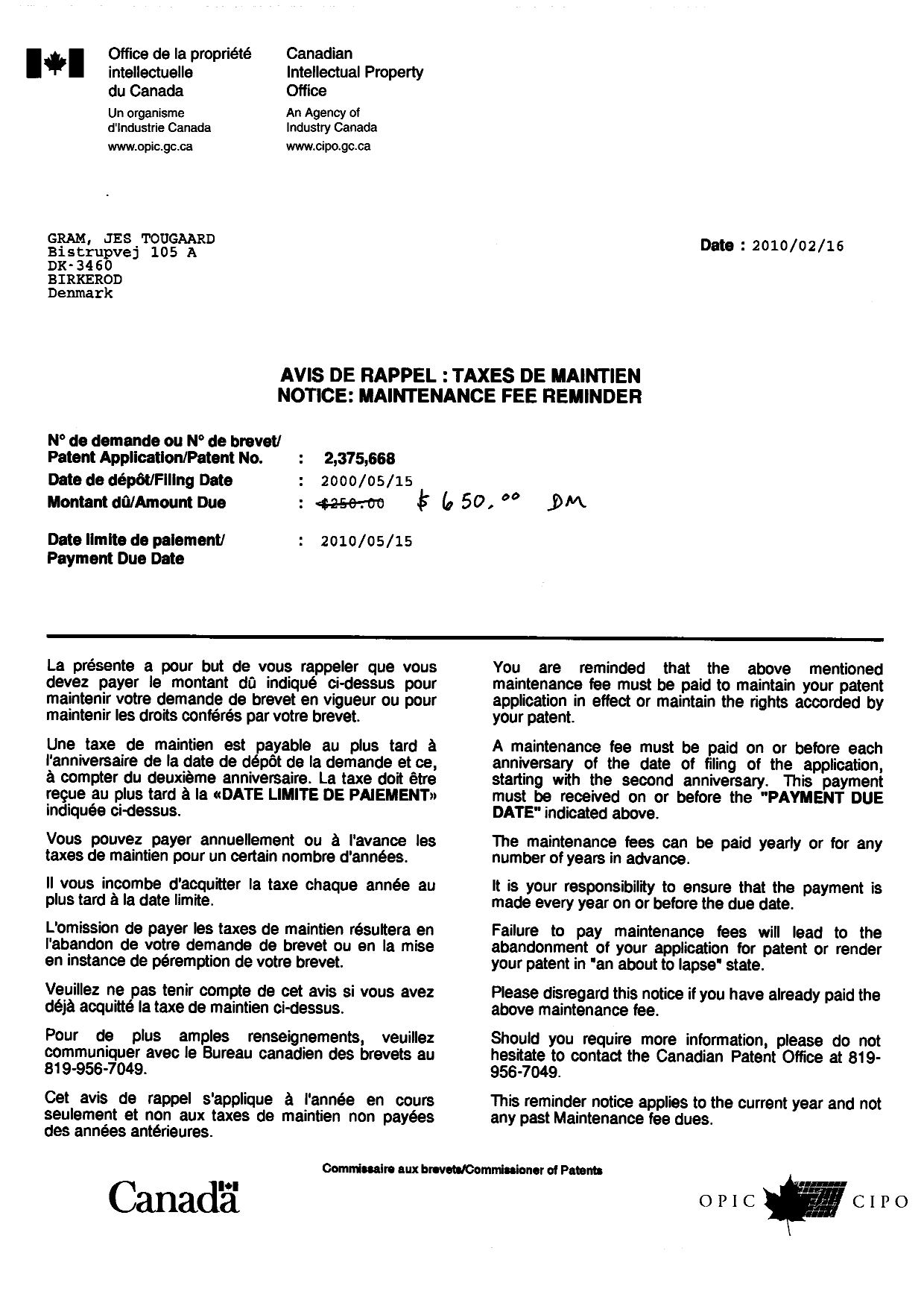 Canadian Patent Document 2375668. Correspondence 20100216. Image 1 of 3