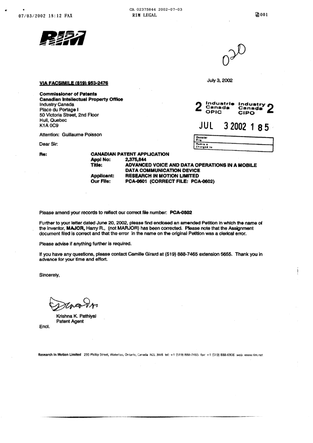 Canadian Patent Document 2375844. Correspondence 20011203. Image 1 of 4