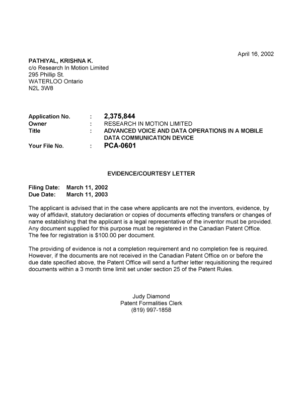 Canadian Patent Document 2375844. Correspondence 20011211. Image 1 of 1