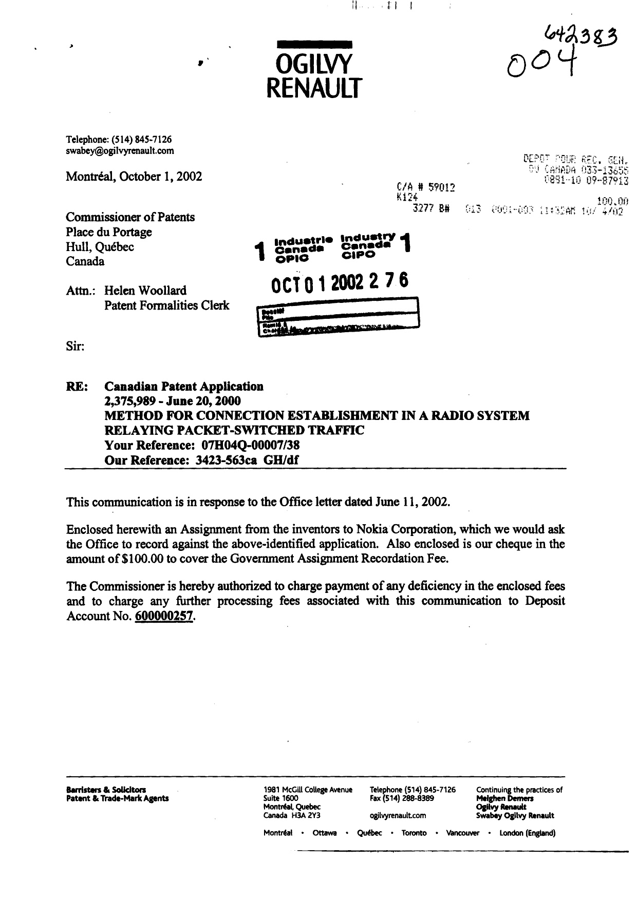 Canadian Patent Document 2375989. Assignment 20021001. Image 1 of 3