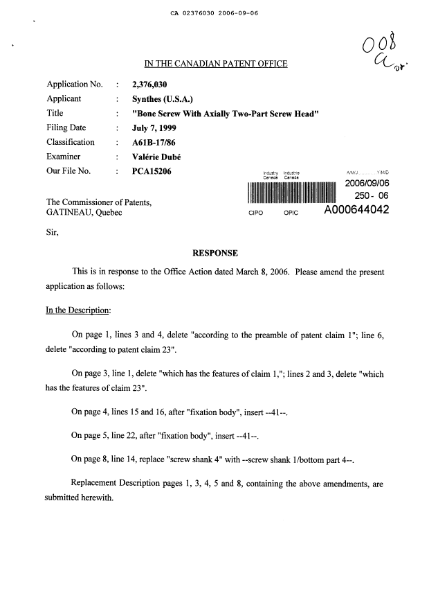 Document de brevet canadien 2376030. Poursuite-Amendment 20060906. Image 1 de 16