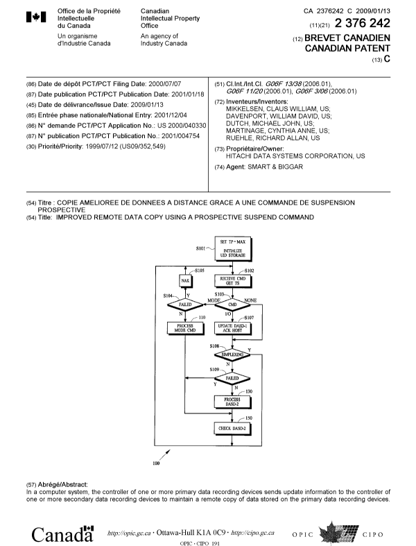 Document de brevet canadien 2376242. Page couverture 20081223. Image 1 de 2