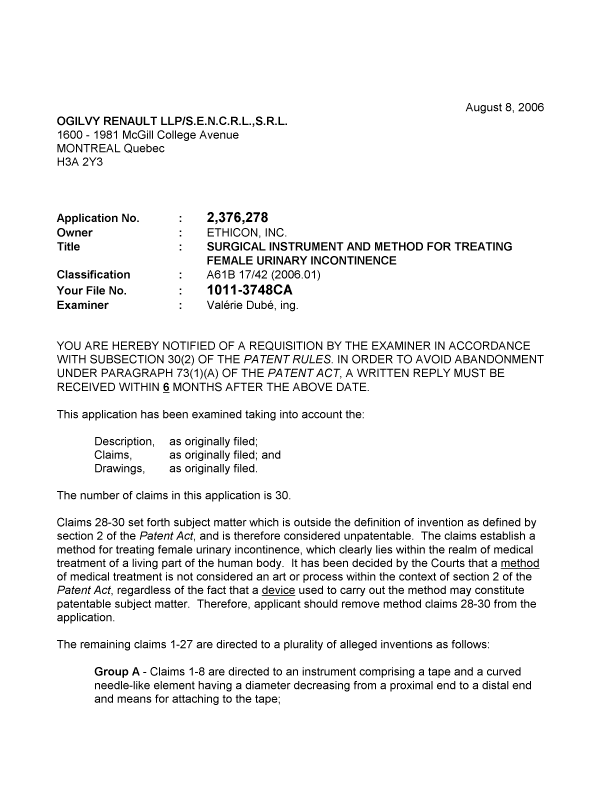Canadian Patent Document 2376278. Prosecution-Amendment 20060808. Image 1 of 4