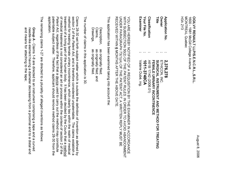 Canadian Patent Document 2376278. Prosecution-Amendment 20060808. Image 1 of 4