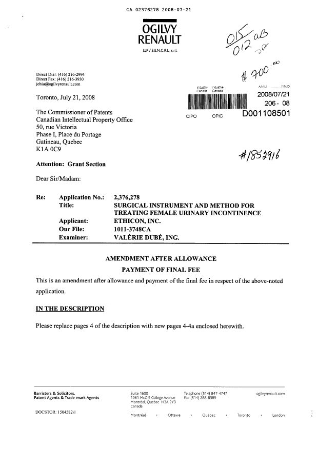 Document de brevet canadien 2376278. Poursuite-Amendment 20080721. Image 1 de 5