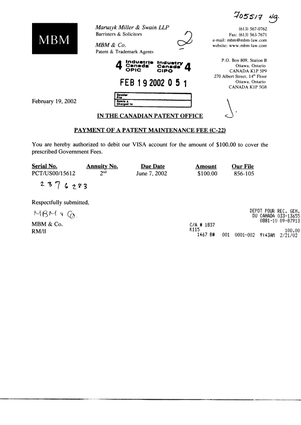 Canadian Patent Document 2376283. Fees 20011219. Image 1 of 1