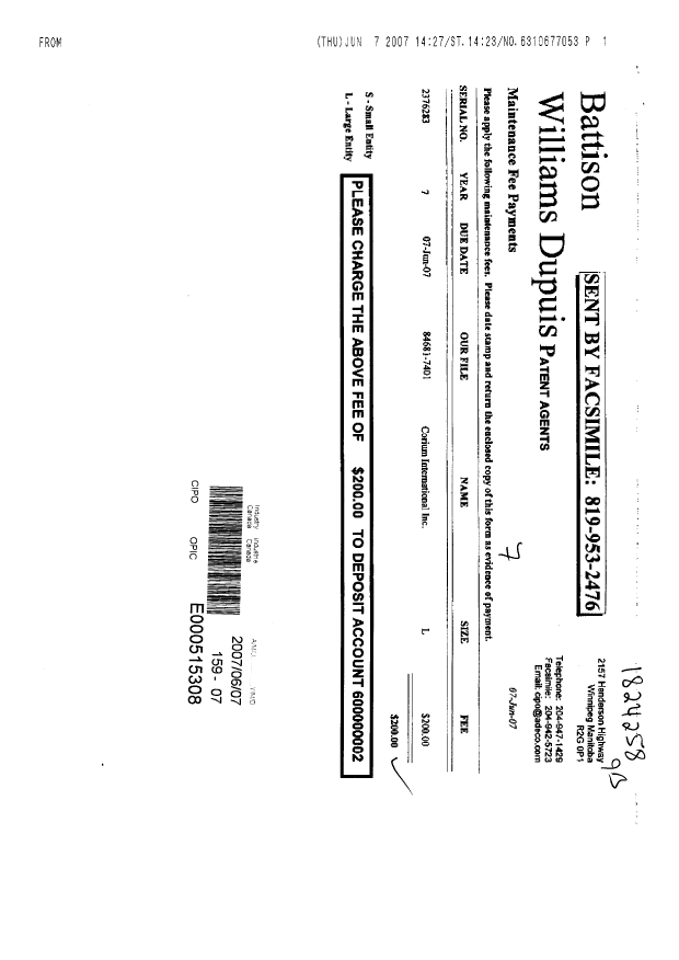 Canadian Patent Document 2376283. Fees 20061207. Image 1 of 1