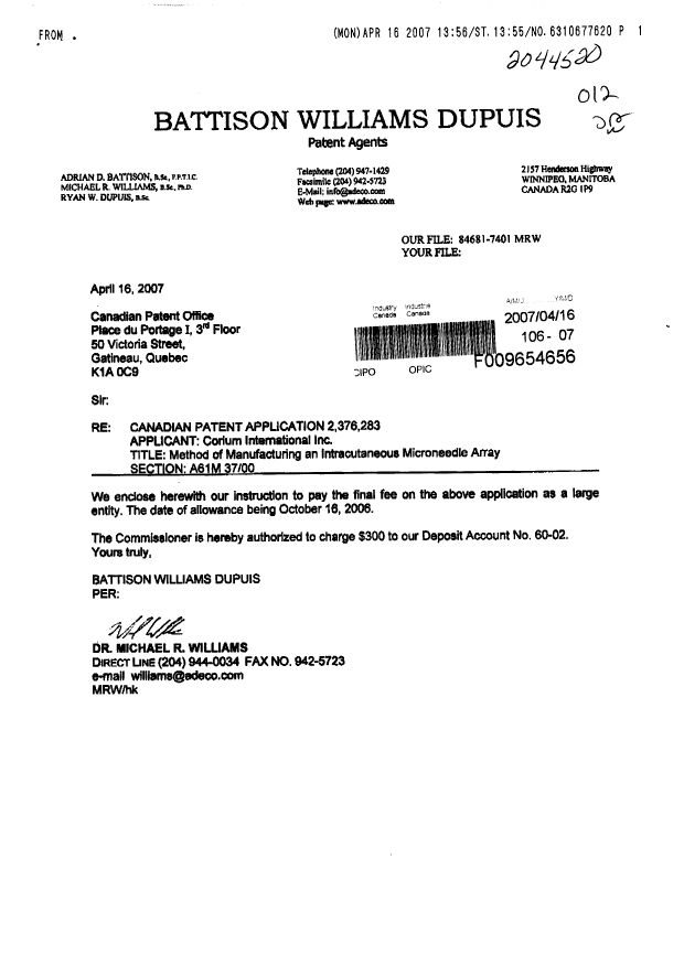 Canadian Patent Document 2376283. Correspondence 20061216. Image 1 of 2