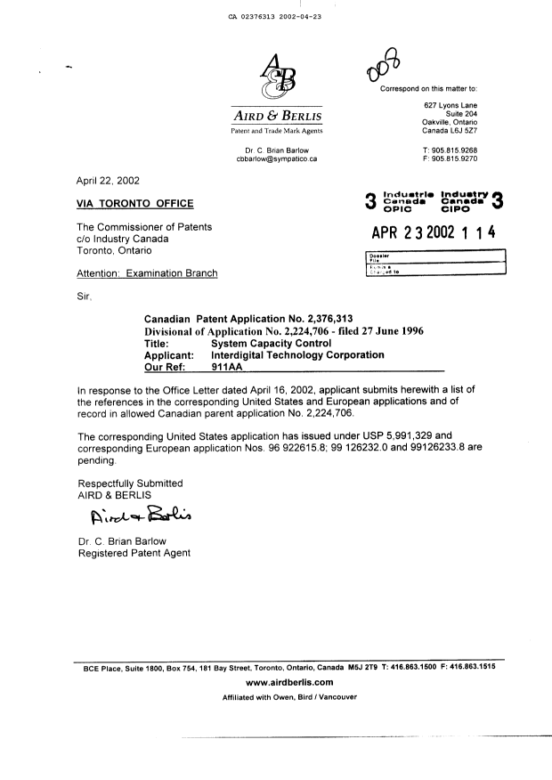 Canadian Patent Document 2376313. Prosecution-Amendment 20020423. Image 1 of 4