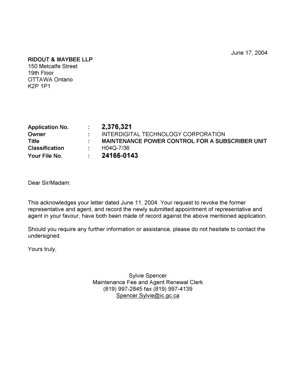 Document de brevet canadien 2376321. Correspondance 20040617. Image 1 de 1