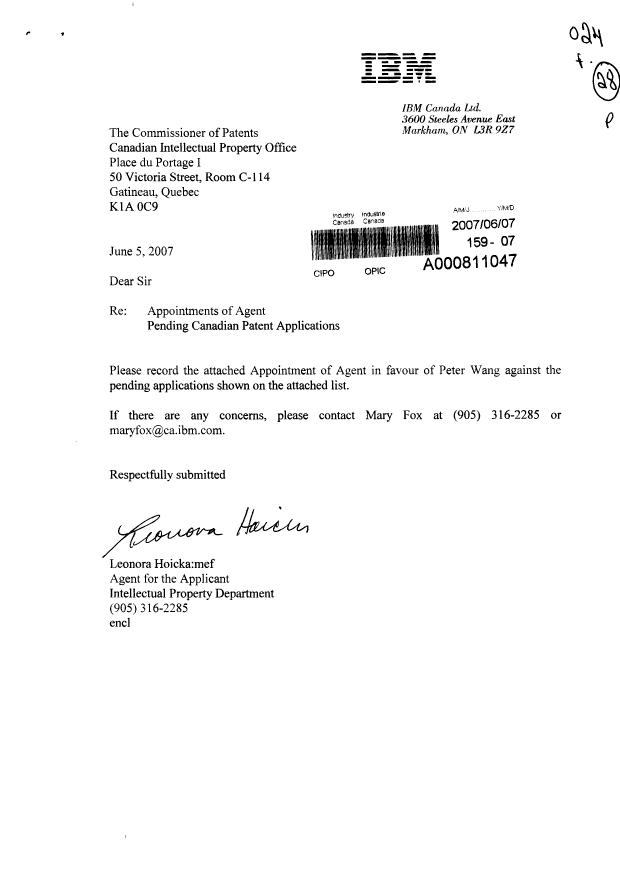 Document de brevet canadien 2376327. Correspondance 20070607. Image 1 de 3