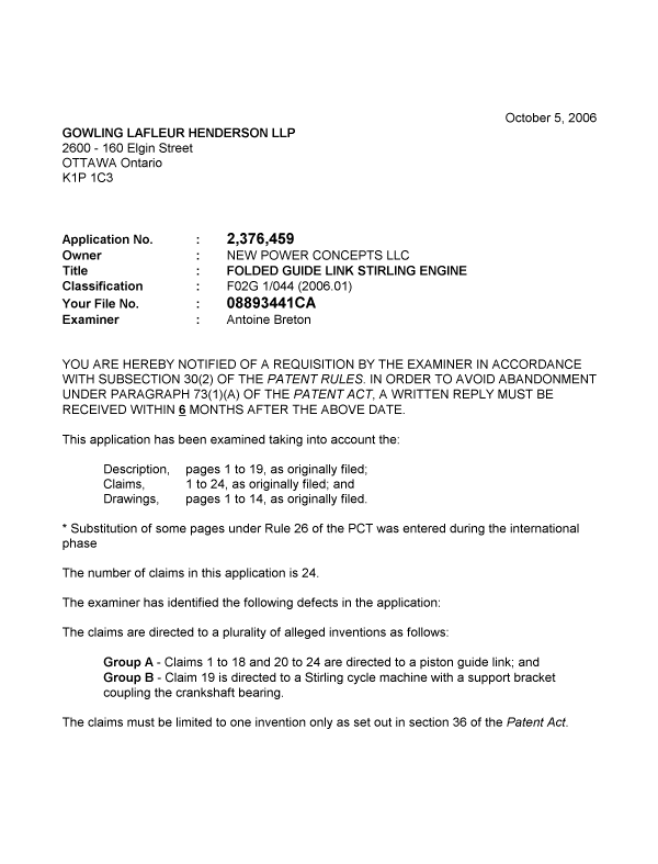 Document de brevet canadien 2376459. Poursuite-Amendment 20061005. Image 1 de 3
