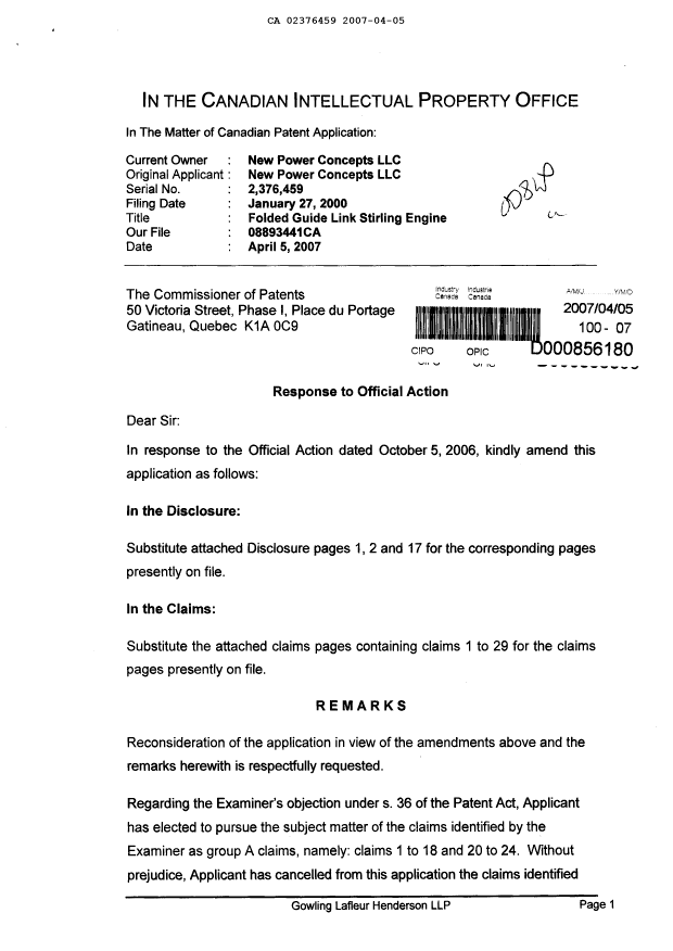 Canadian Patent Document 2376459. Prosecution-Amendment 20061205. Image 1 of 19