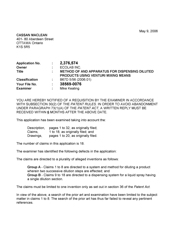 Canadian Patent Document 2376574. Prosecution-Amendment 20060509. Image 1 of 2