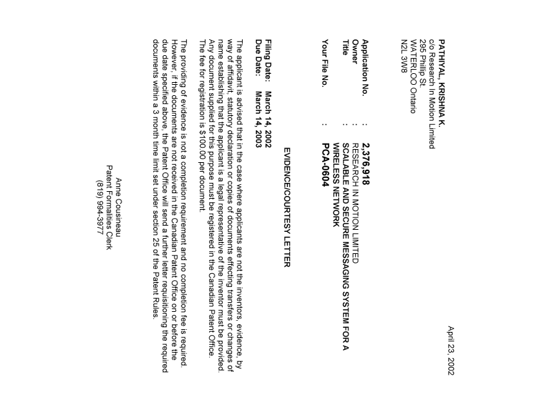 Document de brevet canadien 2376918. Correspondance 20020418. Image 1 de 1