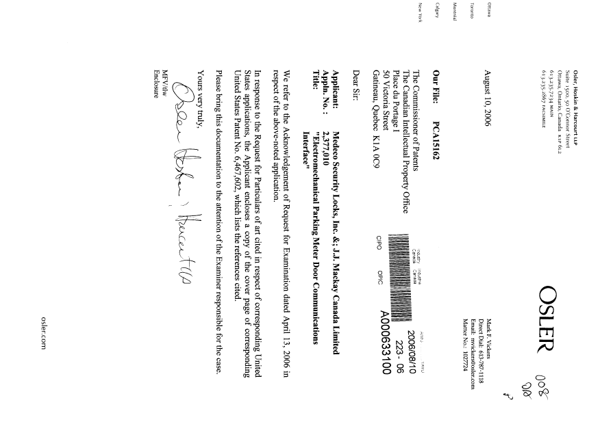 Canadian Patent Document 2377010. Prosecution-Amendment 20060810. Image 1 of 1
