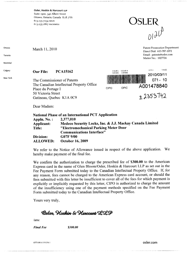 Document de brevet canadien 2377010. Correspondance 20100311. Image 1 de 1