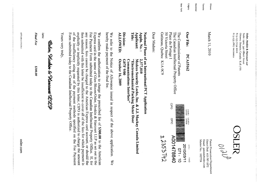 Canadian Patent Document 2377010. Correspondence 20100311. Image 1 of 1