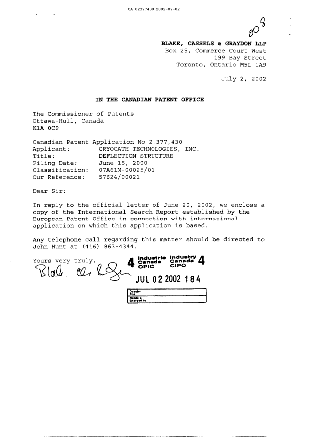 Canadian Patent Document 2377430. Prosecution-Amendment 20020702. Image 1 of 1