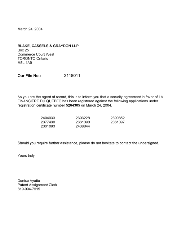 Document de brevet canadien 2377430. Correspondance 20040324. Image 1 de 1