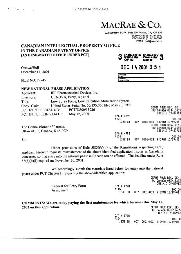 Document de brevet canadien 2377566. Cession 20011214. Image 1 de 8