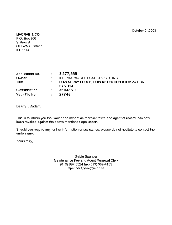 Document de brevet canadien 2377566. Correspondance 20031002. Image 1 de 1