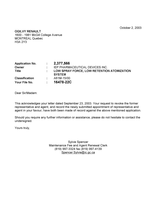 Document de brevet canadien 2377566. Correspondance 20031002. Image 1 de 1