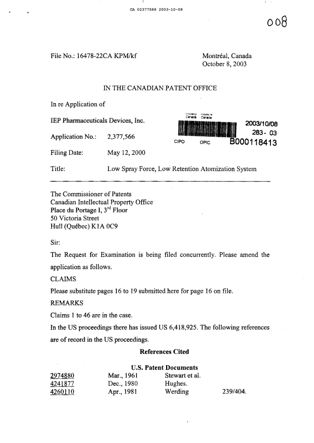 Document de brevet canadien 2377566. Poursuite-Amendment 20031008. Image 1 de 7