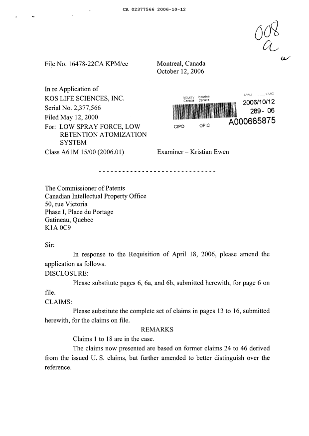 Document de brevet canadien 2377566. Poursuite-Amendment 20061012. Image 1 de 11