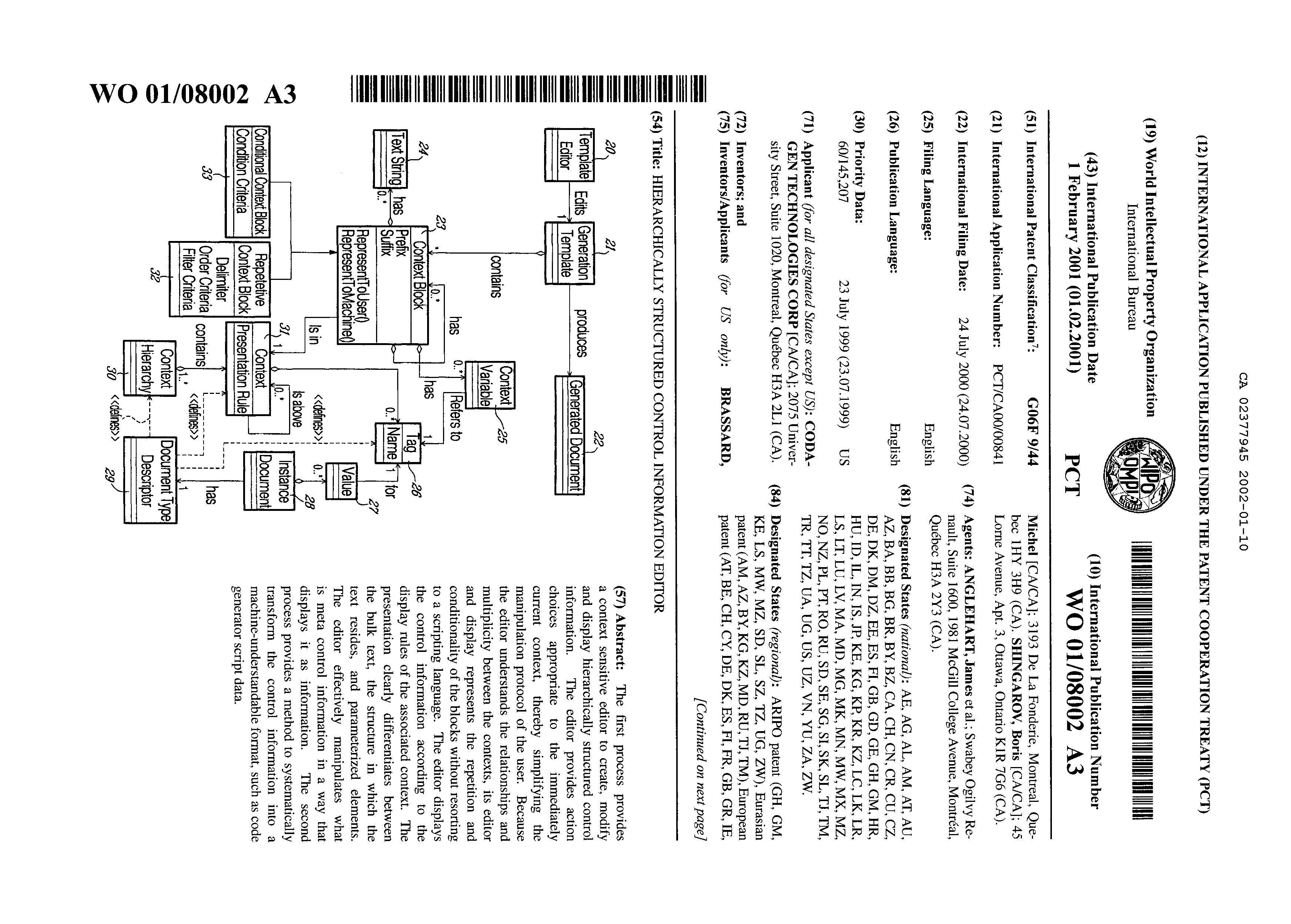 Canadian Patent Document 2377945. Abstract 20011210. Image 1 of 2
