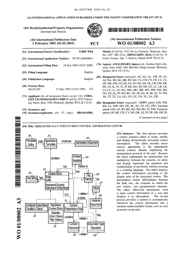 Document de brevet canadien 2377945. Abrégé 20011210. Image 1 de 2