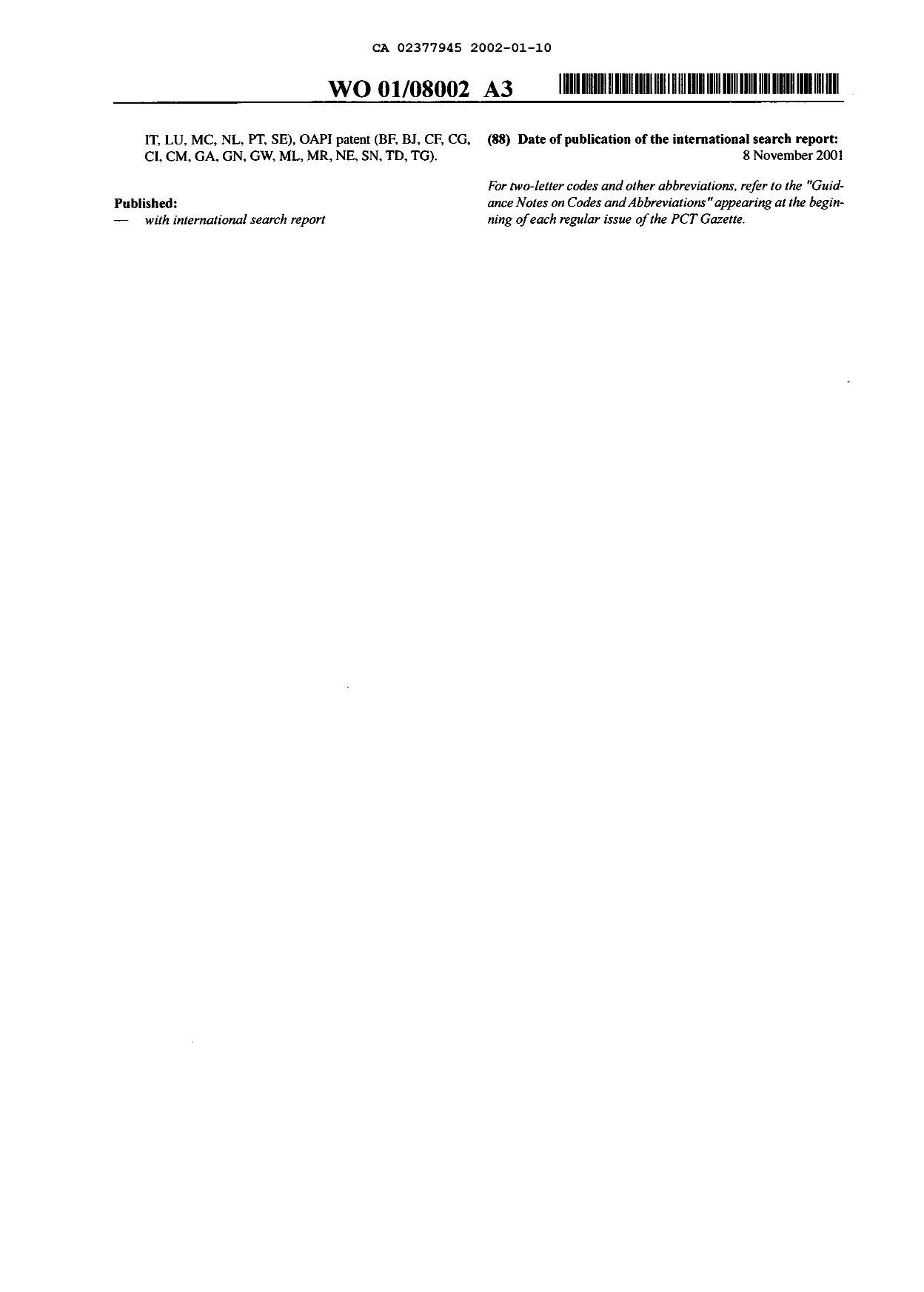 Document de brevet canadien 2377945. Abrégé 20011210. Image 2 de 2