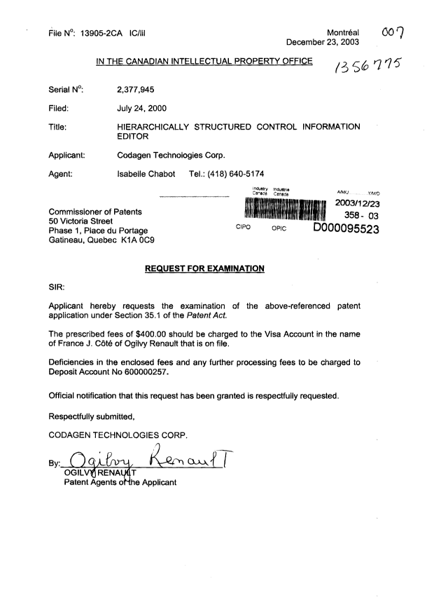 Document de brevet canadien 2377945. Poursuite-Amendment 20021223. Image 1 de 1