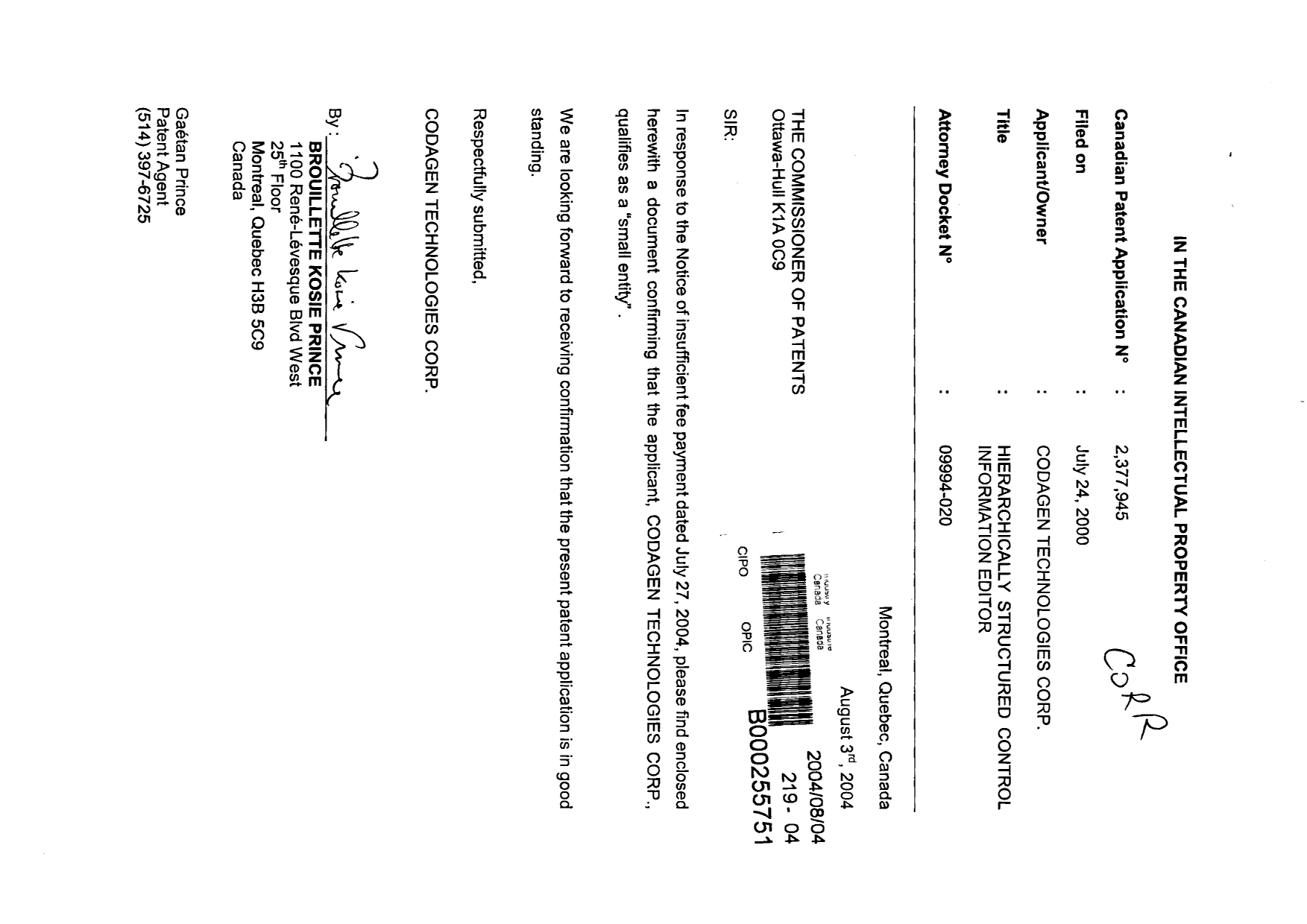 Canadian Patent Document 2377945. Correspondence 20031204. Image 1 of 2
