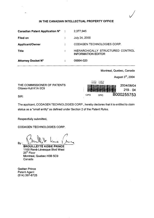 Canadian Patent Document 2377945. Correspondence 20031204. Image 2 of 2