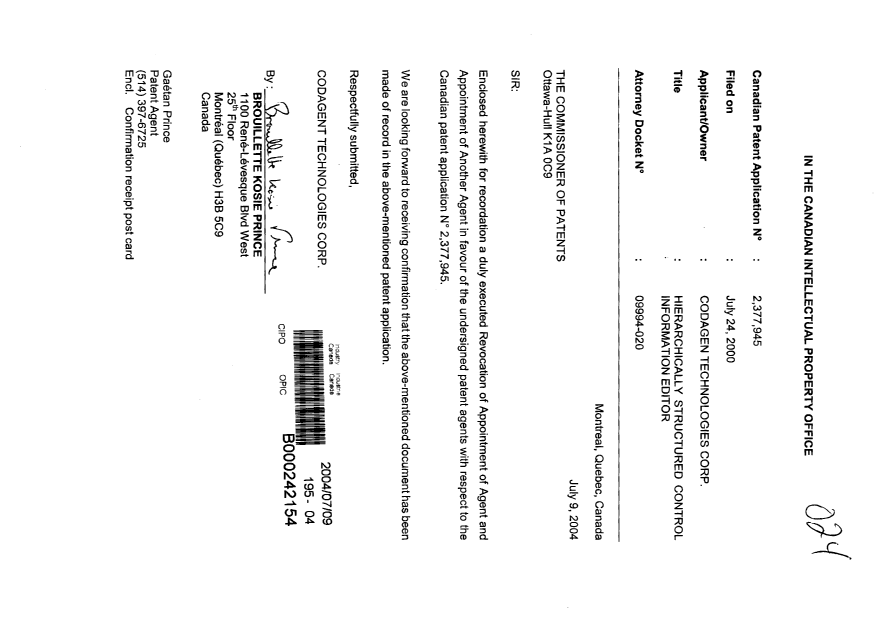 Canadian Patent Document 2377945. Correspondence 20031209. Image 1 of 2