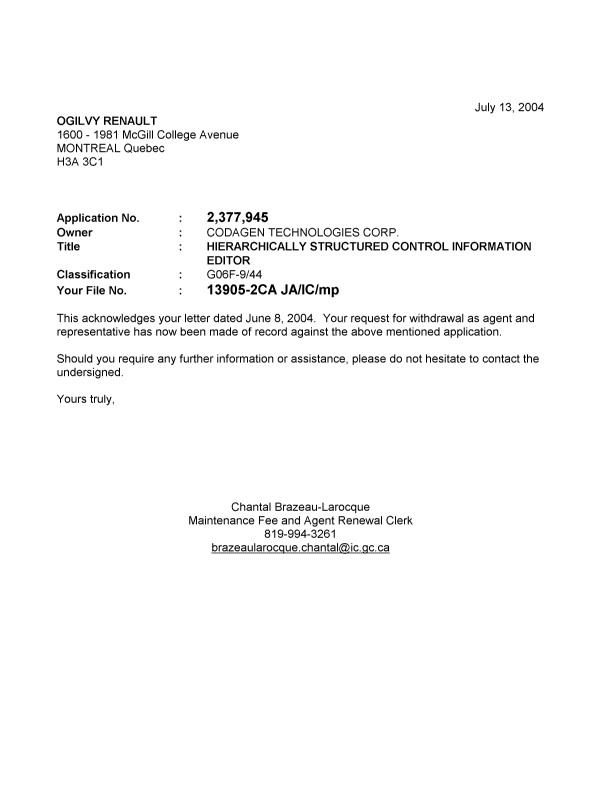 Document de brevet canadien 2377945. Correspondance 20031213. Image 1 de 1