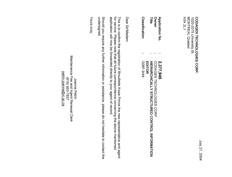 Canadian Patent Document 2377945. Correspondence 20031227. Image 1 of 1